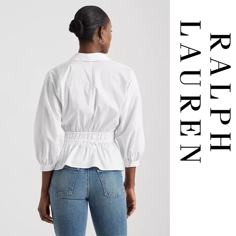 Ralph Lauren - Cotton-Blend Peplum Blouse - White - Medium - Picture 4 of 5